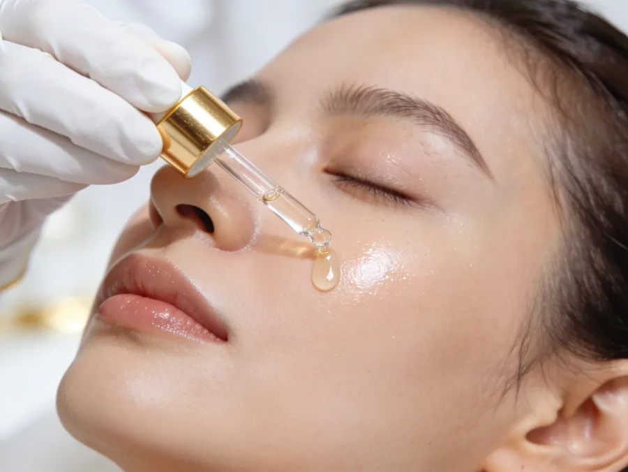 Gesichtsbehandlung: Serum wird mit einer Pipette aufgetragen (KI-generiertes Platzhalterbild)