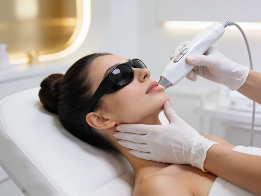 Laser-Haarentfernung: Behandlung mit Schutzbrille und Laser-Handstück (KI-generiertes Platzhalterbild)