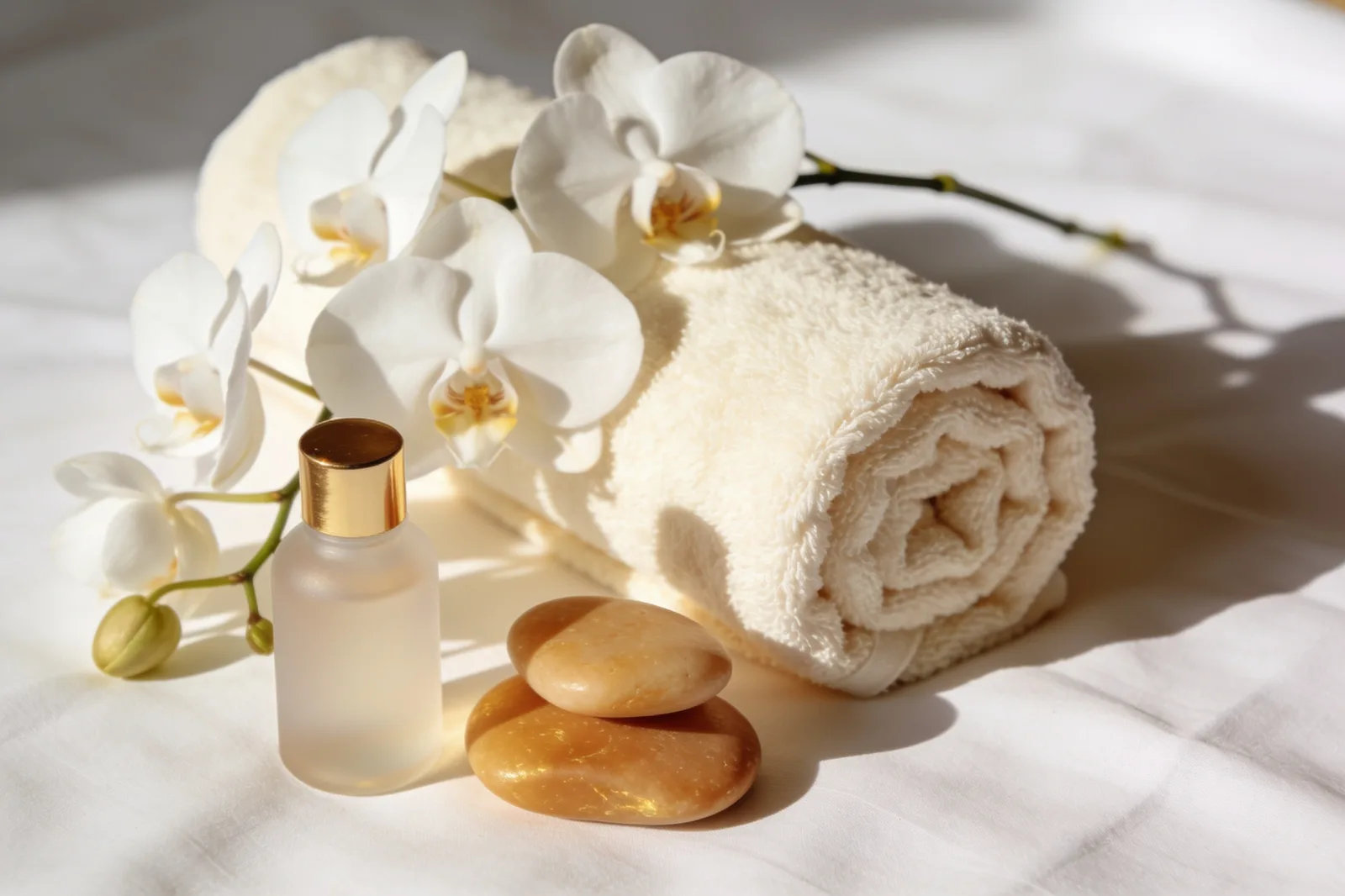 Stillleben mit Tüchern, Orchidee und Kosmetik-Flakon in warmem Licht (KI-generiertes Platzhalterbild)